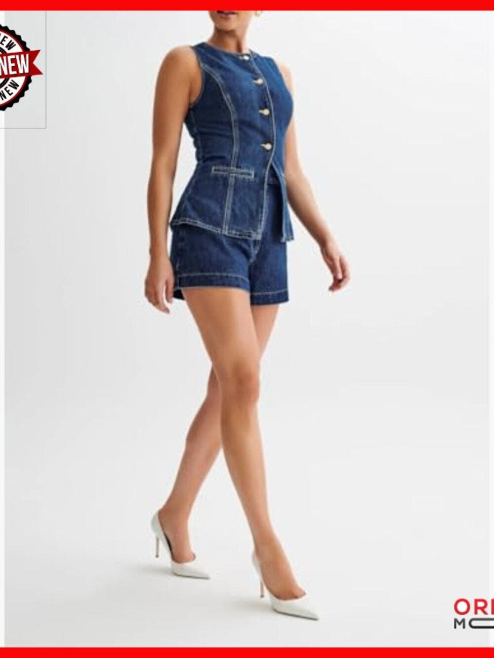 Denim Two-Piece Set Sleeveless Vest High-Waisted Shorts Pant Suit - Picture 2 of 6